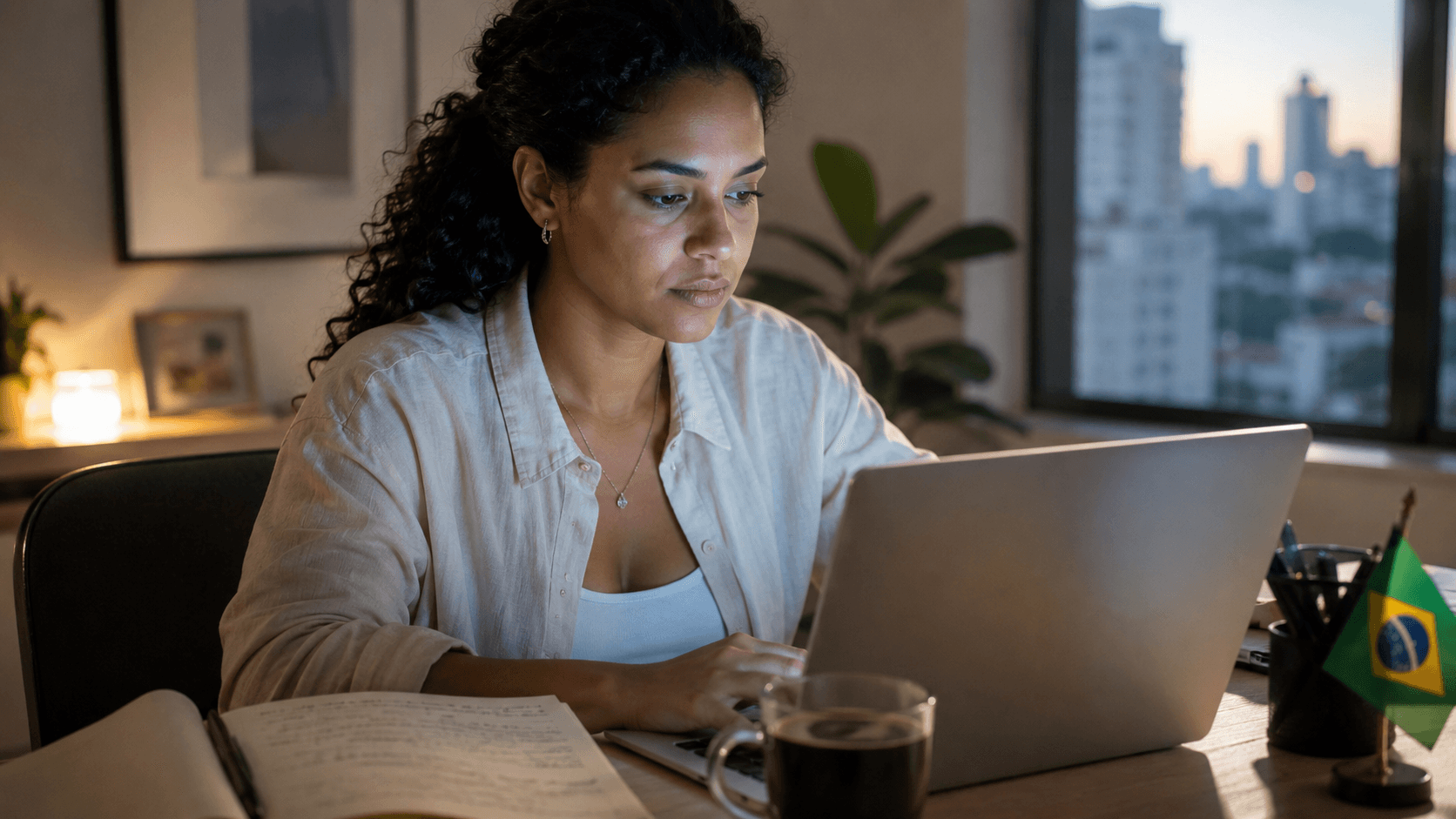 Profissional brasileira em home office estudando seu caminho de imigração para os EUA
