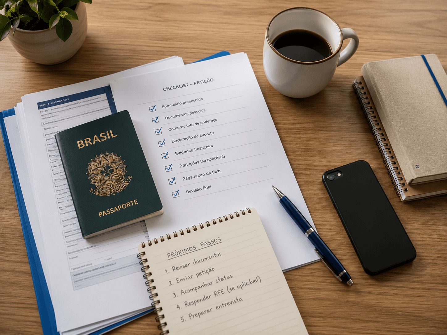 Documentos organizados para petição de visto: passaporte brasileiro, checklist, caderno e caneta