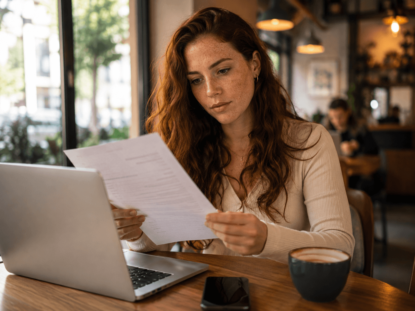Brasileira lendo carta com número de recibo da petição de visto em café